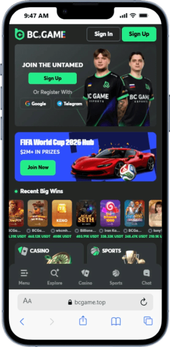 BC Game crypto casino homepage showing DeFi-style interface and welcome bonus