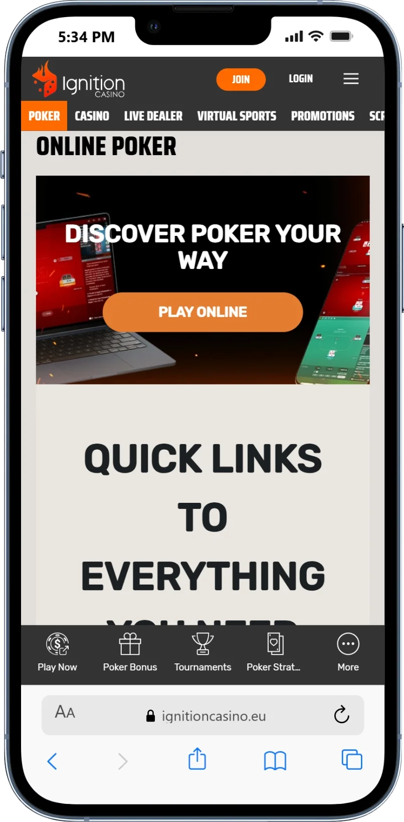 Ignition Casino - poker section on mobile
