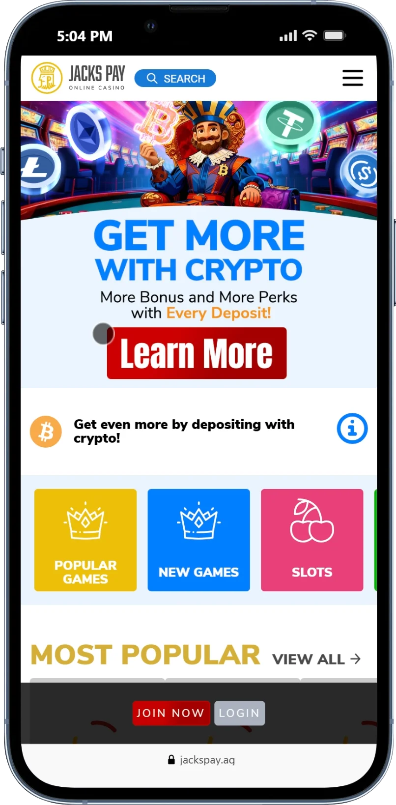 Jacks Pay Casino homepage- mobile view