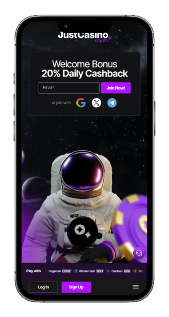 JustCasino homepage showing crypto casino lobby and welcome offer