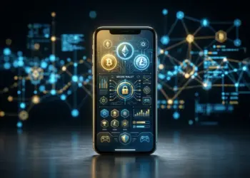 Modern smartphone displaying secure crypto casino interface with blockchain technology elements