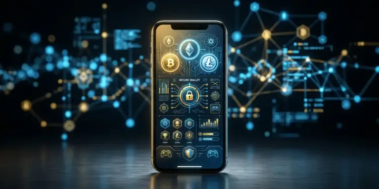 Modern smartphone displaying secure crypto casino interface with blockchain technology elements