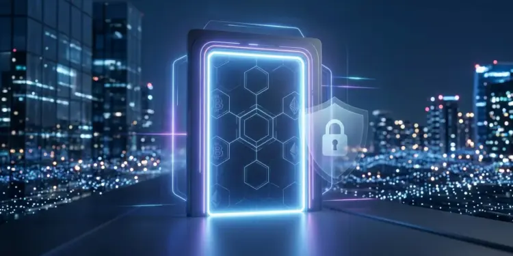 Secure digital cryptocurrency casino platform with VPN protection and blockchain technology visualization