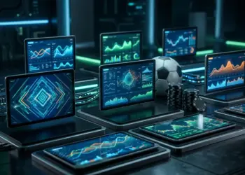 Multiple digital betting platforms displayed with analytics and data visualization on dark background