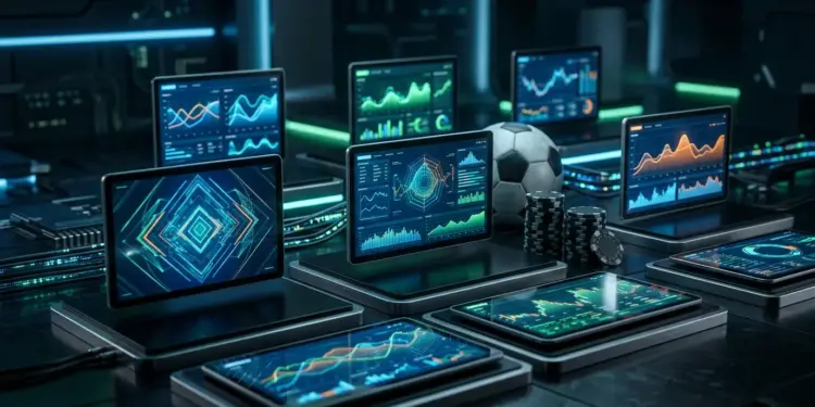 Multiple digital betting platforms displayed with analytics and data visualization on dark background