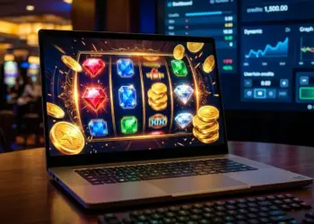 Modern online slots gaming interface with vibrant symbols and dashboard on laptop screen