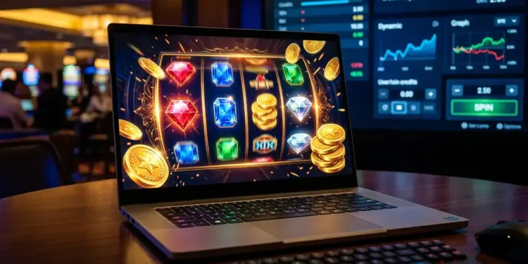 Modern online slots gaming interface with vibrant symbols and dashboard on laptop screen