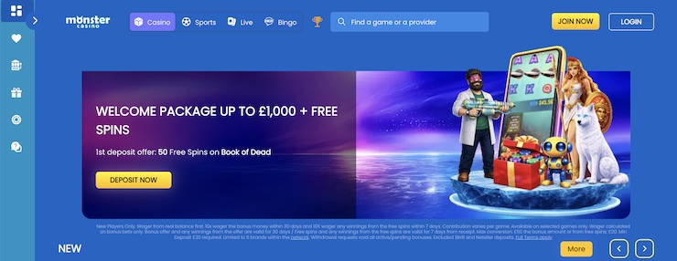 Monster Casino is one of the best no KYC casinos that accept UK players.