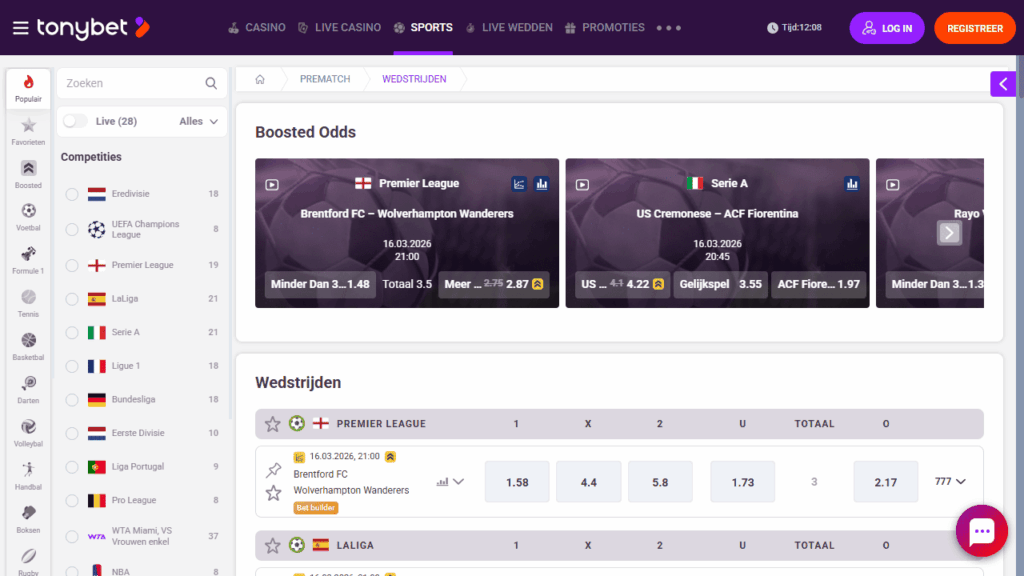 startpagina van TonyBet voor wedden op voetbal