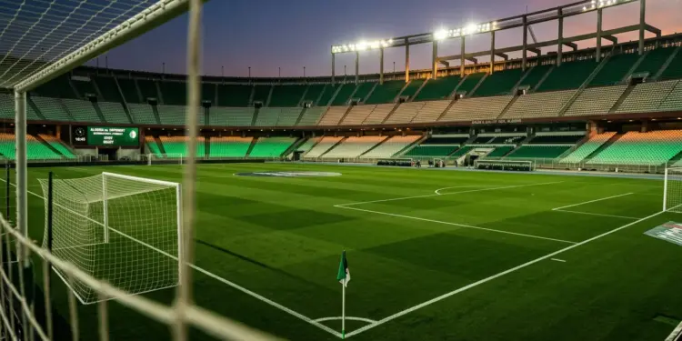 Floodlit stadium pitch in Algerian national colours—green and white—at dusk, with geometric pitch markings and goal net in sharp focus.