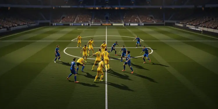 Tactical football match showing defensive block structure and attacking formation with spatial gaps exposed