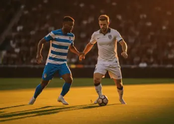 Evening stadium match scene with two footballers in Argentina sky-blue and Algeria white kits competing for the ball, dramatic golden-hour lighting and shadows.