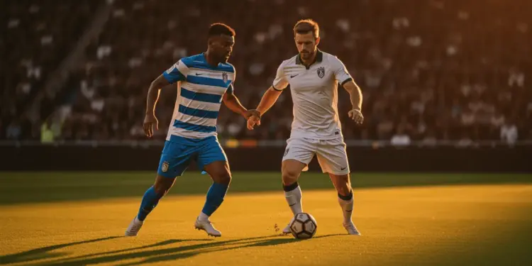 Evening stadium match scene with two footballers in Argentina sky-blue and Algeria white kits competing for the ball, dramatic golden-hour lighting and shadows.