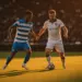 Evening stadium match scene with two footballers in Argentina sky-blue and Algeria white kits competing for the ball, dramatic golden-hour lighting and shadows.