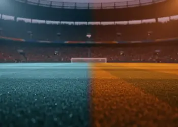 Floodlit stadium pitch at golden hour with Argentina and Austria colour-coded lighting, no players visible.