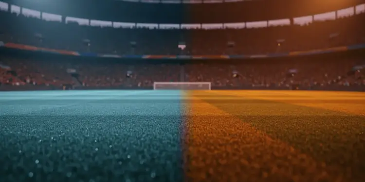 Floodlit stadium pitch at golden hour with Argentina and Austria colour-coded lighting, no players visible.