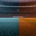 Floodlit stadium pitch at golden hour with Argentina and Austria colour-coded lighting, no players visible.