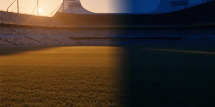 Empty floodlit football pitch at golden hour, split colour palette of light blue-white and deep blue-yellow, packed stadium in soft focus background.