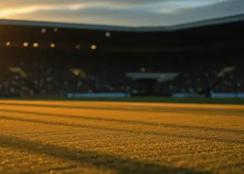 Floodlit football pitch at dusk with long shadows, packed stadium stands in background, golden-hour atmospheric lighting.