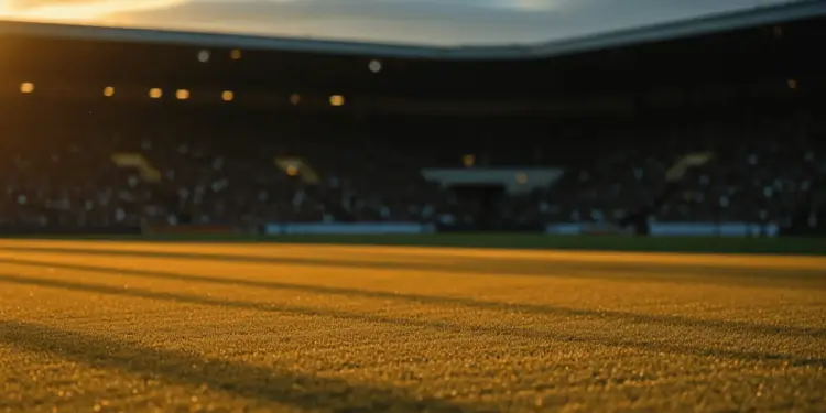 Floodlit football pitch at dusk with long shadows, packed stadium stands in background, golden-hour atmospheric lighting.