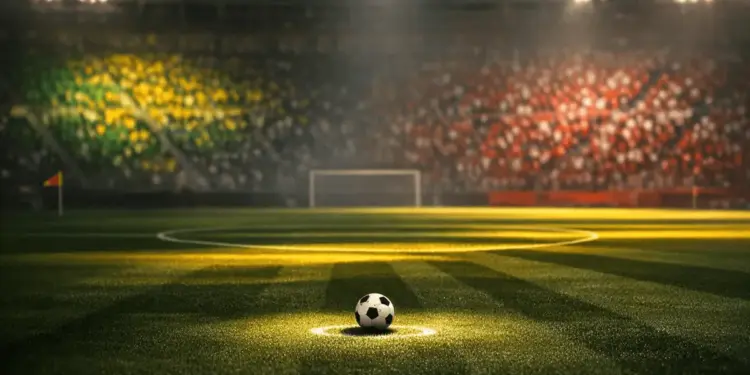 Floodlit stadium pitch at dusk with ball on penalty spot, Australian and Turkish flag colours reflected in stands.