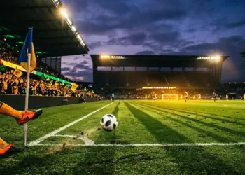 Floodlit football pitch at dusk with Australian-colour lit stands and a boot striking a ball in motion.
