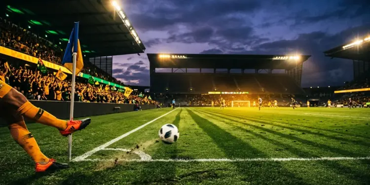 Floodlit football pitch at dusk with Australian-colour lit stands and a boot striking a ball in motion.
