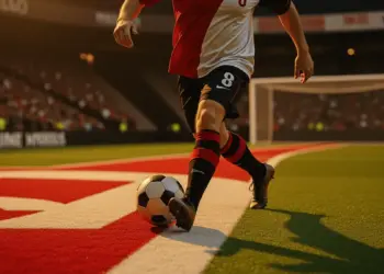 Evening floodlit football pitch with player in motion, golden-hour lighting and stadium shadows casting geometric patterns.
