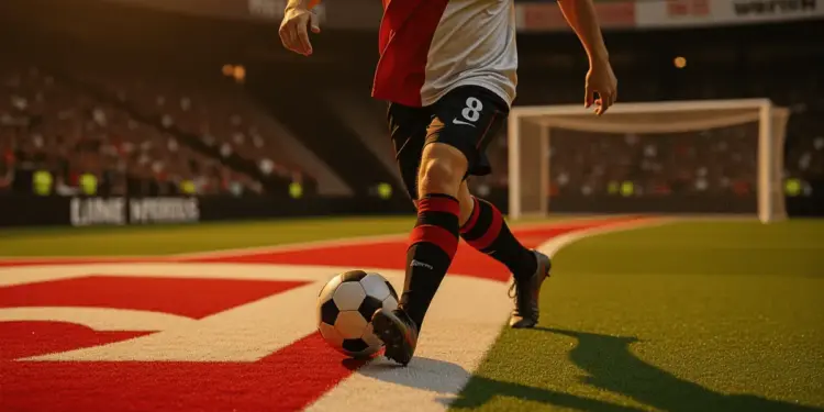 Evening floodlit football pitch with player in motion, golden-hour lighting and stadium shadows casting geometric patterns.