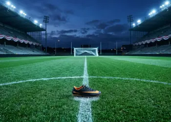Floodlit stadium pitch at dusk with red-and-white bunting, boot on centre spot, geometric pitch markings.