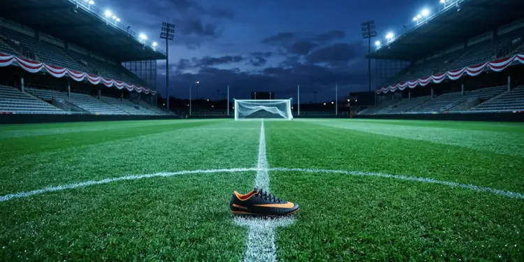 Floodlit stadium pitch at dusk with red-and-white bunting, boot on centre spot, geometric pitch markings.