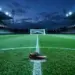 Floodlit stadium pitch at dusk with red-and-white bunting, boot on centre spot, geometric pitch markings.
