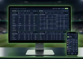 Modern sports betting platforms displayed on digital screens with live sports data and odds in a professional gaming environment