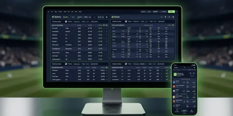 Modern sports betting platforms displayed on digital screens with live sports data and odds in a professional gaming environment