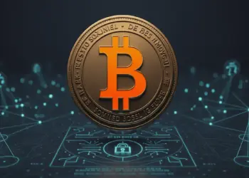 Bitcoin cryptocurrency symbol with blockchain network and secure digital payment technology visualization