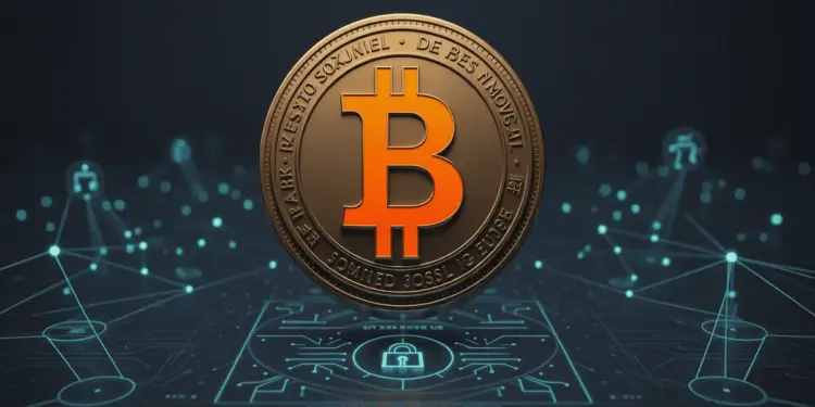 Bitcoin cryptocurrency symbol with blockchain network and secure digital payment technology visualization