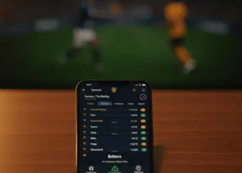 Mobile sports betting interface displayed on smartphone with stadium action blurred in background