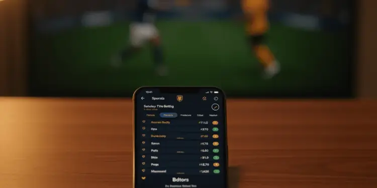 Mobile sports betting interface displayed on smartphone with stadium action blurred in background