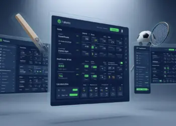 Modern sports betting platform interfaces with cricket, football, and badminton elements representing top betting sites