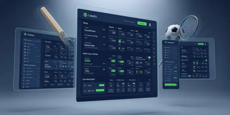 Modern sports betting platform interfaces with cricket, football, and badminton elements representing top betting sites