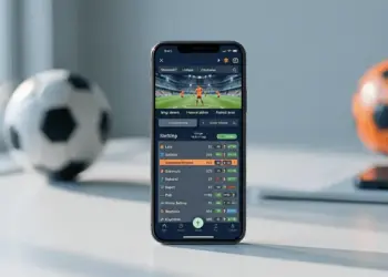 Digital sports betting platform on smartphone in modern Nordic workspace setting