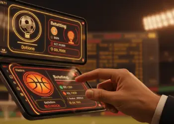 Digital sports betting platform interface with stadium atmosphere and Ghanaian color accents