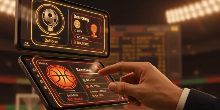 Digital sports betting platform interface with stadium atmosphere and Ghanaian color accents