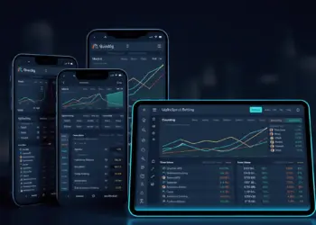 Digital sports betting platform interface displayed on mobile and tablet devices with modern design and Hong Kong cityscape backdrop