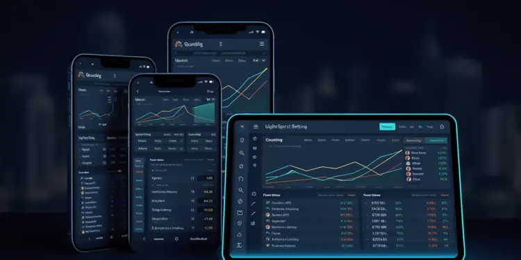 Digital sports betting platform interface displayed on mobile and tablet devices with modern design and Hong Kong cityscape backdrop