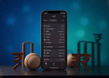 Mobile sports betting interface with Indian rupee symbols and cricket elements on premium dark background
