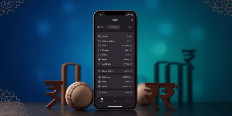 Mobile sports betting interface with Indian rupee symbols and cricket elements on premium dark background