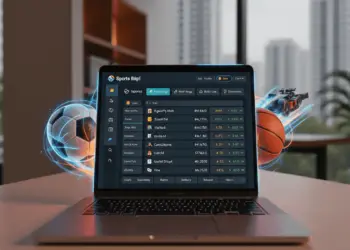 Modern sports betting platform dashboard on laptop with sports elements and professional digital workspace aesthetic for Indonesian betting sites