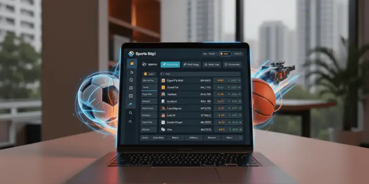 Modern sports betting platform dashboard on laptop with sports elements and professional digital workspace aesthetic for Indonesian betting sites