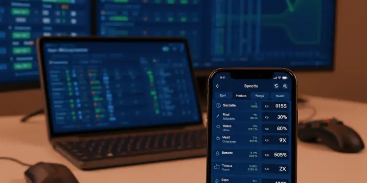 Sports betting platform comparison screens showing odds, analytics, and betting dashboards on multiple devices
